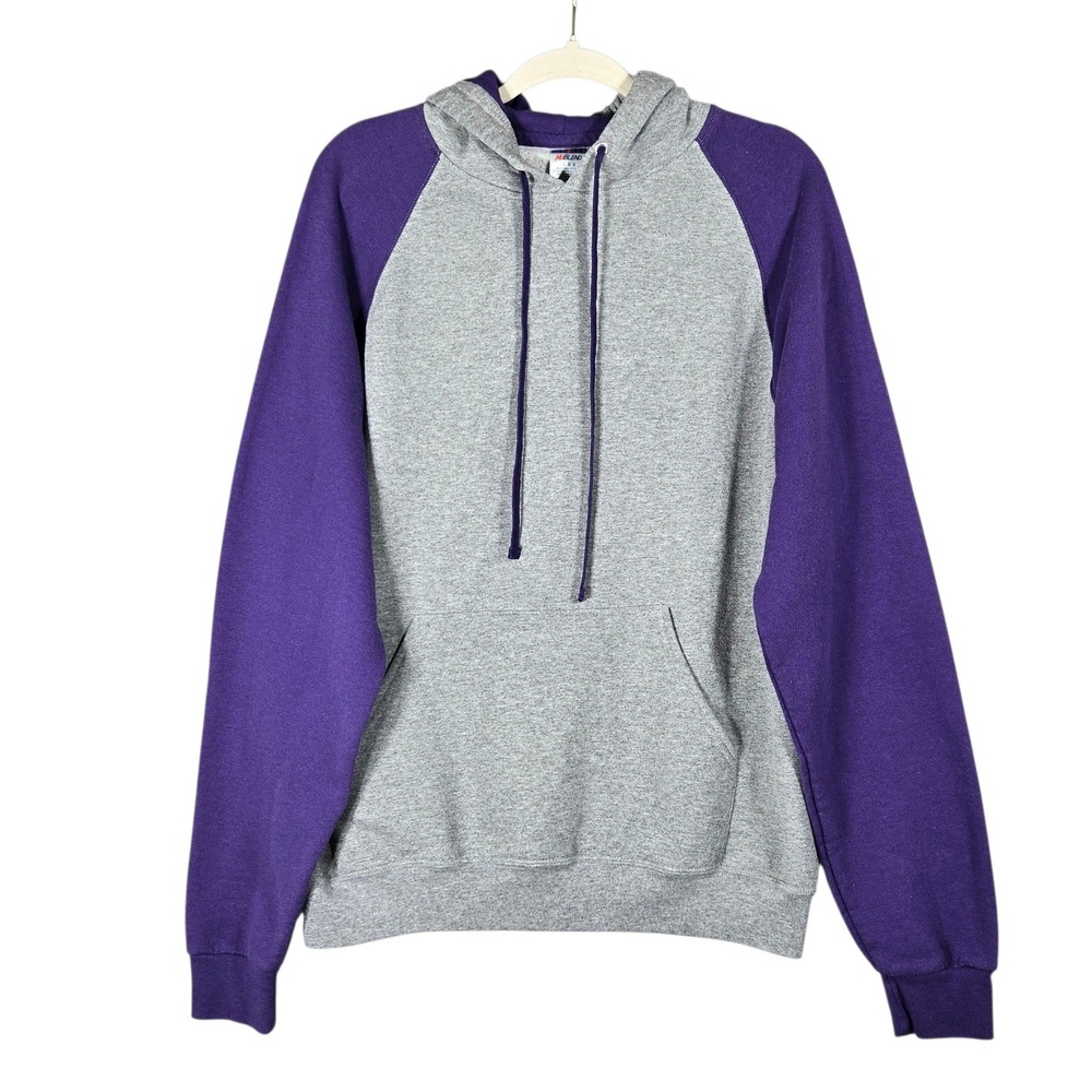 Jerzees NuBlend Hoodie Mens L Gray Purple Raglan Pullover Blank Vtg 90s Fleece